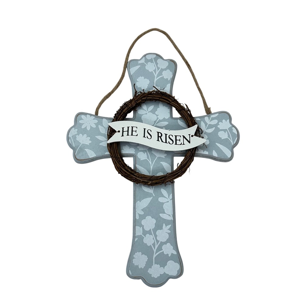 Kirklands Home He Is Risen Floral Wall Cross Blue Wood Wreath Easter Decor 14.5"